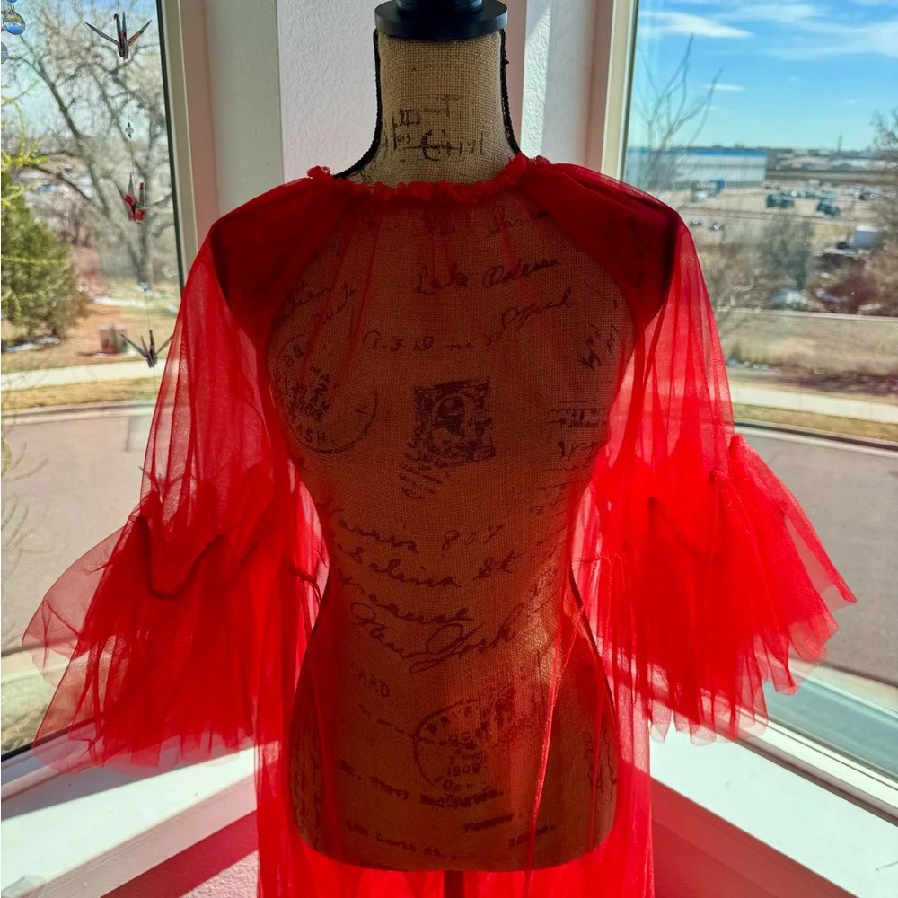 Red Sheer Tulle Gown with Dramatic Sleeves - Picture 6 of 6
